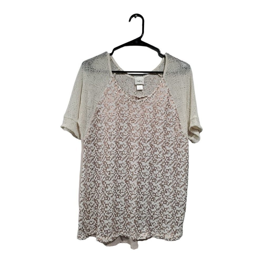 Daytrip Women's Tan Gold Sequin Sheer Short-Sleeved Shirt Crew-Neck Top …